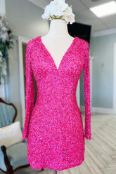 Misshow Sparkly Fuchsia Long Sleeves Sequin Tight Short Homecoming Dress/Mini Dress