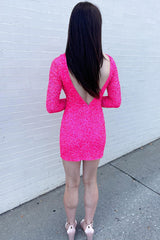 Misshow Sparkly Fuchsia Long Sleeves Tight Short Sequins Homecoming Dress/Mini Dress