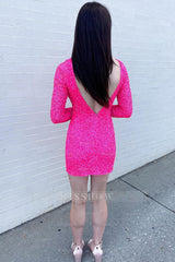 Misshow Sparkly Fuchsia Long Sleeves Tight Short Sequins Homecoming Dress/Mini Dress