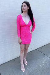 Misshow Sparkly Fuchsia Long Sleeves Tight Short Sequins Homecoming Dress/Mini Dress