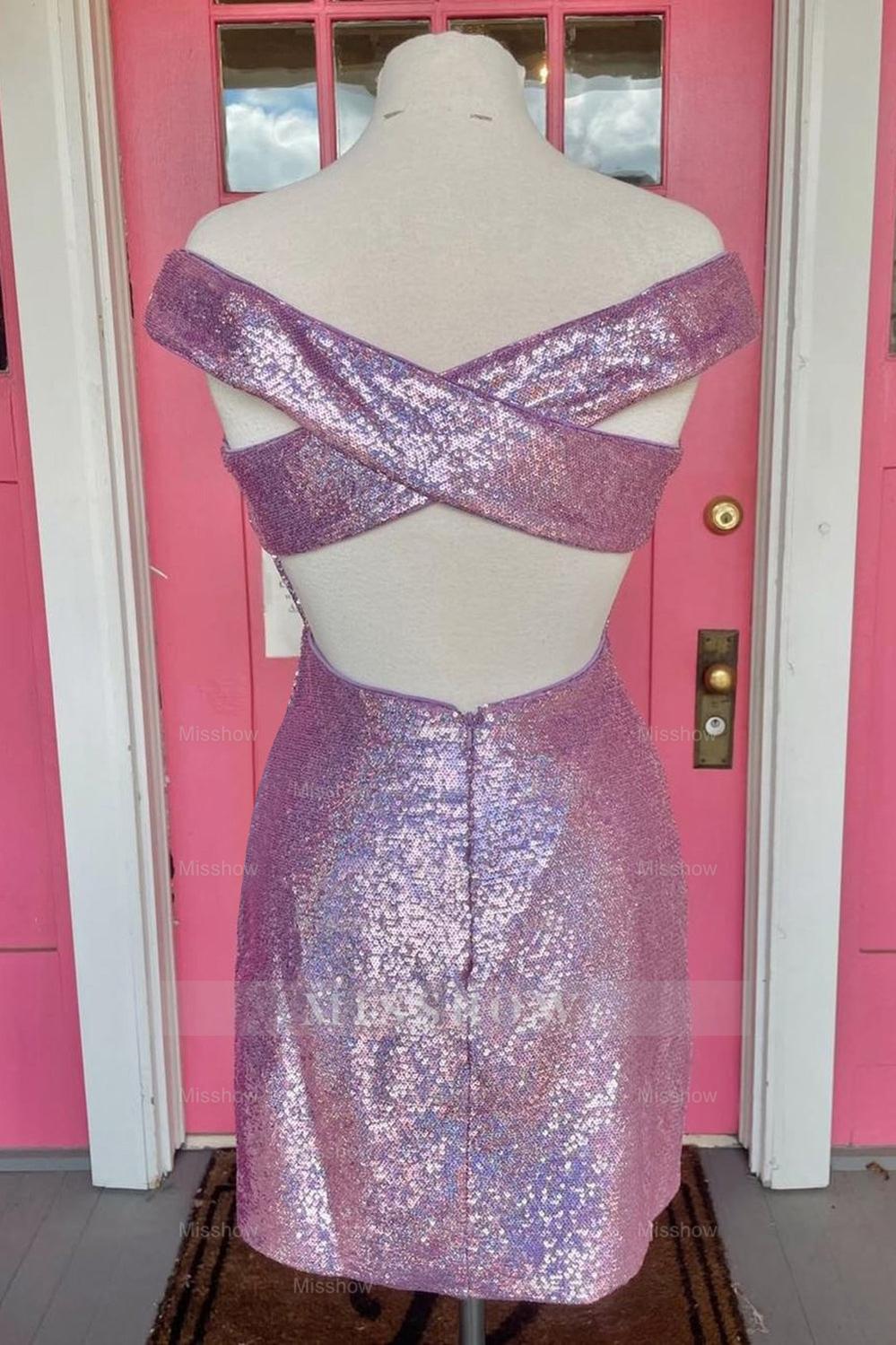Misshow Sparkly Fuchsia Off The Shoulder Tight Short Homecoming Dress/Mini Dress