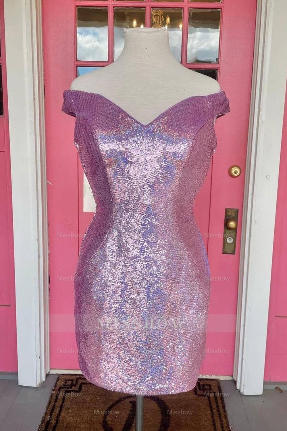 Misshow Sparkly Fuchsia Off The Shoulder Tight Short Homecoming Dress/Mini Dress