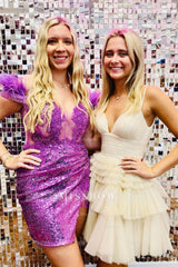 Misshow Sparkly Fuchsia Off the Shoulder Tight Short Homecoming Dress/Mini Dress with Feathers