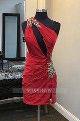 Misshow Sparkly Fuchsia One Shoulder Cut Out Tight Short Hoco Dress with Beading