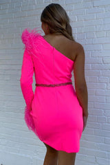 Misshow Sparkly Fuchsia One Shoulder Sequined Tight Short Homecoming Dress/Mini Dress with Feathers