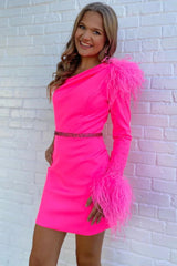 Misshow Sparkly Fuchsia One Shoulder Sequined Tight Short Homecoming Dress/Mini Dress with Feathers