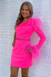 Misshow Sparkly Fuchsia One Shoulder Sequined Tight Short Homecoming Dress/Mini Dress with Feathers