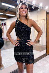 Misshow Sparkly Fuchsia One Shoulder Sequins Cut Out Short Homecoming Dress/Mini Dress with Fringes