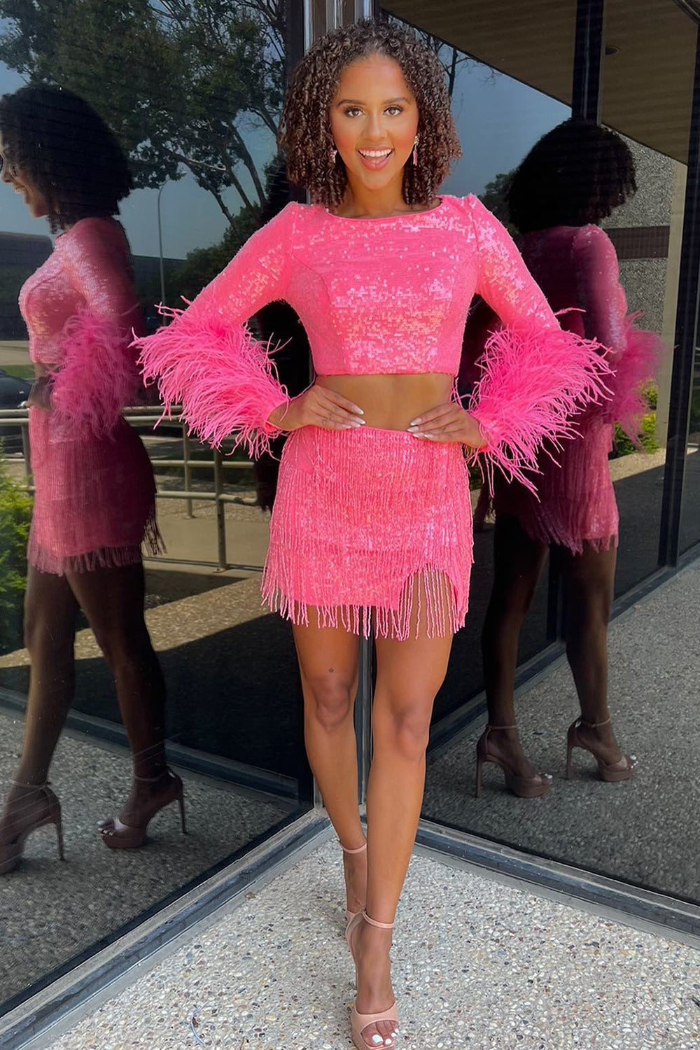 Misshow Sparkly Fuchsia Sequin Fringed Tight Short Homecoming Dress/Mini Dress with Feathers