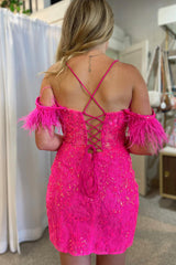 Misshow Sparkly Fuchsia Sequin Lace Tight Short Homecoming Dress/Mini Dress with Feathers