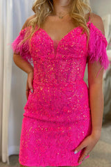 Misshow Sparkly Fuchsia Sequin Lace Tight Short Homecoming Dress/Mini Dress with Feathers