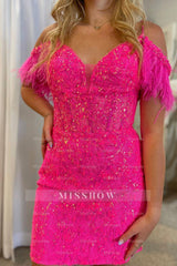 Misshow Sparkly Fuchsia Sequin Lace Tight Short Homecoming Dress/Mini Dress with Feathers