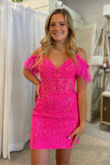 Misshow Sparkly Fuchsia Sequin Lace Tight Short Homecoming Dress/Mini Dress with Feathers