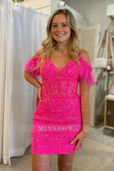 Misshow Sparkly Fuchsia Sequin Lace Tight Short Homecoming Dress/Mini Dress with Feathers