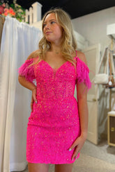 Misshow Sparkly Fuchsia Sequin Lace Tight Short Homecoming Dress/Mini Dress with Feathers