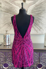 Misshow Sparkly Fuchsia Sequined Backless Tight Short Homecoming Dress/Mini Dress