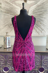 Misshow Sparkly Fuchsia Sequined Backless Tight Short Homecoming Dress/Mini Dress