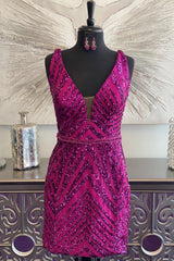 Misshow Sparkly Fuchsia Sequined Backless Tight Short Homecoming Dress/Mini Dress