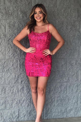 Misshow Sparkly Fuchsia Sequined Corset Tight Short Homecoming Dress/Mini Dress