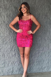 Misshow Sparkly Fuchsia Sequined Corset Tight Short Homecoming Dress/Mini Dress
