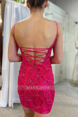 Misshow Sparkly Fuchsia Sequined Lace Tight Short Homecoming Dress/Mini Dress
