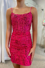 Misshow Sparkly Fuchsia Sequined Lace Tight Short Homecoming Dress/Mini Dress