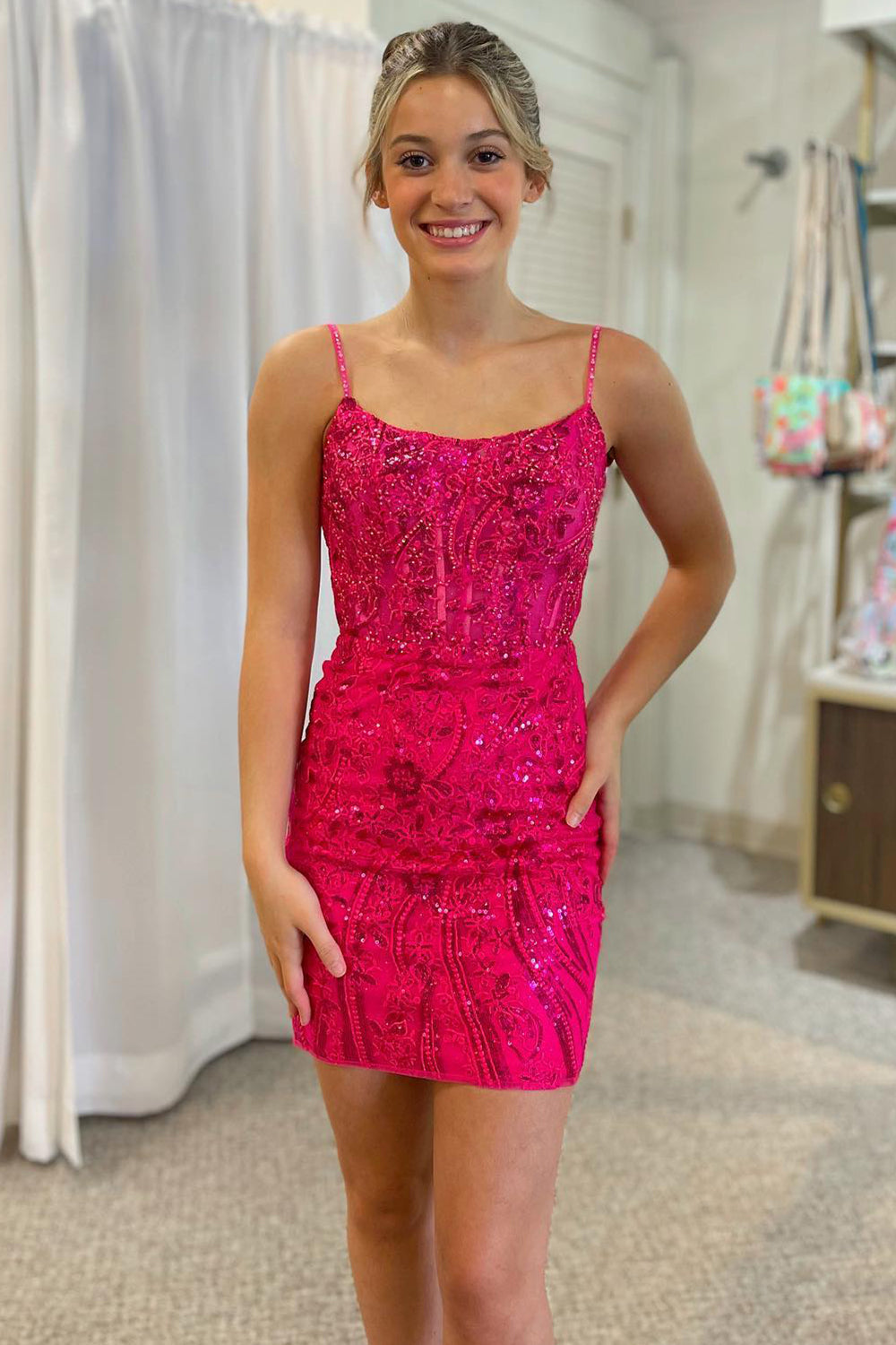 Misshow Sparkly Fuchsia Sequined Lace Tight Short Homecoming Dress/Mini Dress