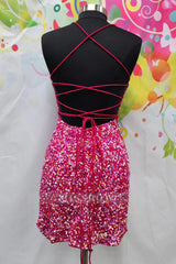Misshow Sparkly Fuchsia Sequined Spaghetti Straps Tight Short Homecoming Dress/Mini Dress