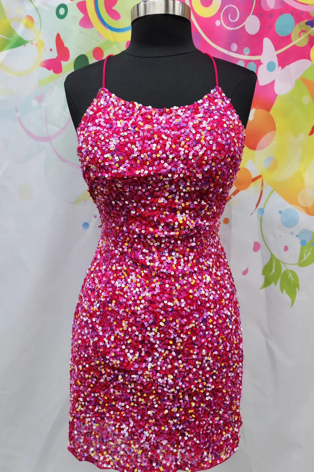 Misshow Sparkly Fuchsia Sequined Spaghetti Straps Tight Short Homecoming Dress/Mini Dress