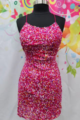 Misshow Sparkly Fuchsia Sequined Spaghetti Straps Tight Short Homecoming Dress/Mini Dress