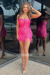 Misshow Sparkly Fuchsia Sequined Tight Short Homecoming Dress/Mini Dress with Feathers