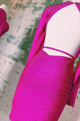 Misshow Sparkly Fuchsia Sequined Tight Short Homecoming Dress/Mini Dress with Sleeves