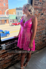 Misshow Sparkly Fuchsia Sequins A Line Short Homecoming Dress/Mini Dress