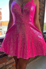 Misshow Sparkly Fuchsia Sequins A Line Short Homecoming Dress/Mini Dress