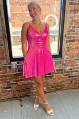 Misshow Sparkly Fuchsia Sequins A Line Short Homecoming Dress/Mini Dress