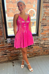 Misshow Sparkly Fuchsia Sequins A Line Short Homecoming Dress/Mini Dress