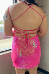Misshow Sparkly Fuchsia Sequins Backless Tight Short Homecoming Dress/Mini Dress
