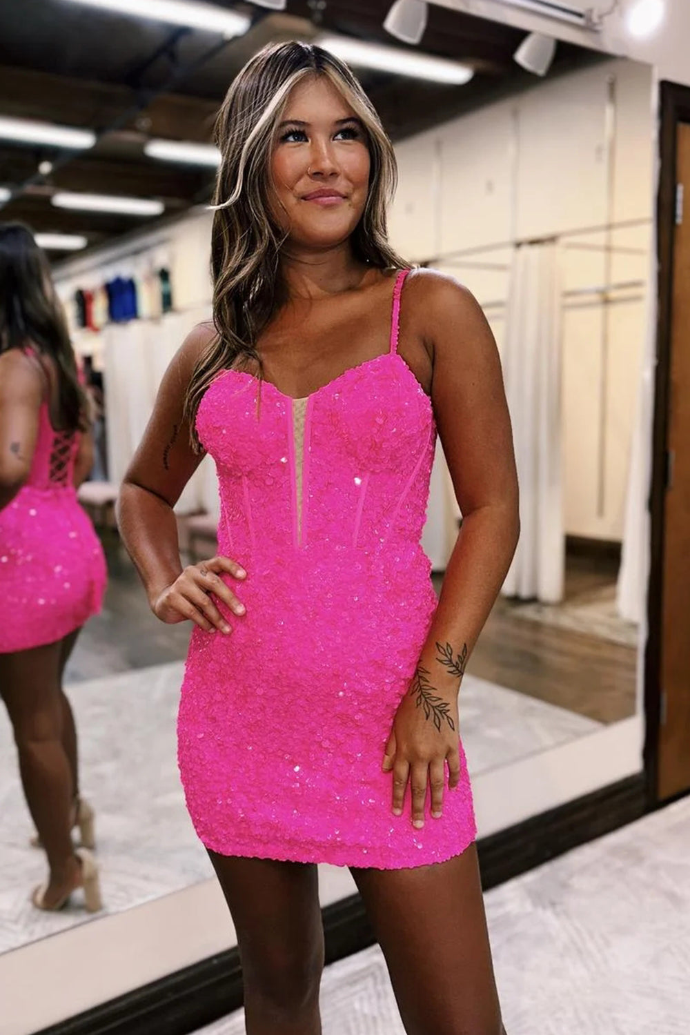 Misshow Sparkly Fuchsia Sequins Corset Tight Short Homecoming Dress/Mini Dress