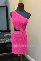 Misshow Sparkly Fuchsia Sequins Fringed Cut Out Tight Short Homecoming Dress/Mini Dress