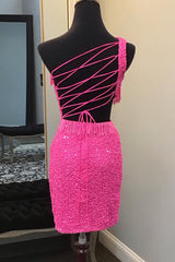 Misshow Sparkly Fuchsia Sequins Fringed Cut Out Tight Short Homecoming Dress/Mini Dress