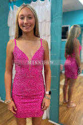Misshow Sparkly Fuchsia Sequins Lace-Up Back Tight Short Homecoming Dress/Mini Dress
