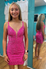 Misshow Sparkly Fuchsia Sequins Lace-Up Back Tight Short Homecoming Dress/Mini Dress