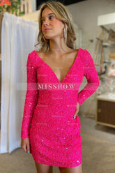 Misshow Sparkly Fuchsia Sequins Long Sleeves Backless Tight Short Homecoming Dress/Mini Dress