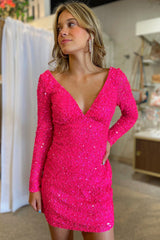 Misshow Sparkly Fuchsia Sequins Long Sleeves Backless Tight Short Homecoming Dress/Mini Dress