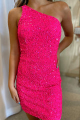 Misshow Sparkly Fuchsia Sequins One Shoulder Sleeveless Tight Short Homecoming Dress/Mini Dress