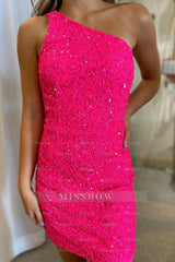 Misshow Sparkly Fuchsia Sequins One Shoulder Sleeveless Tight Short Homecoming Dress/Mini Dress