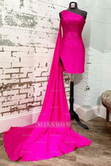 Misshow Sparkly Fuchsia Sequins One Shoulder Watteau Train Tight Homecoming Dress/Mini Dress