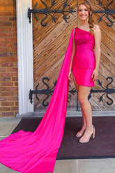 Misshow Sparkly Fuchsia Sequins One Shoulder Watteau Train Tight Homecoming Dress/Mini Dress