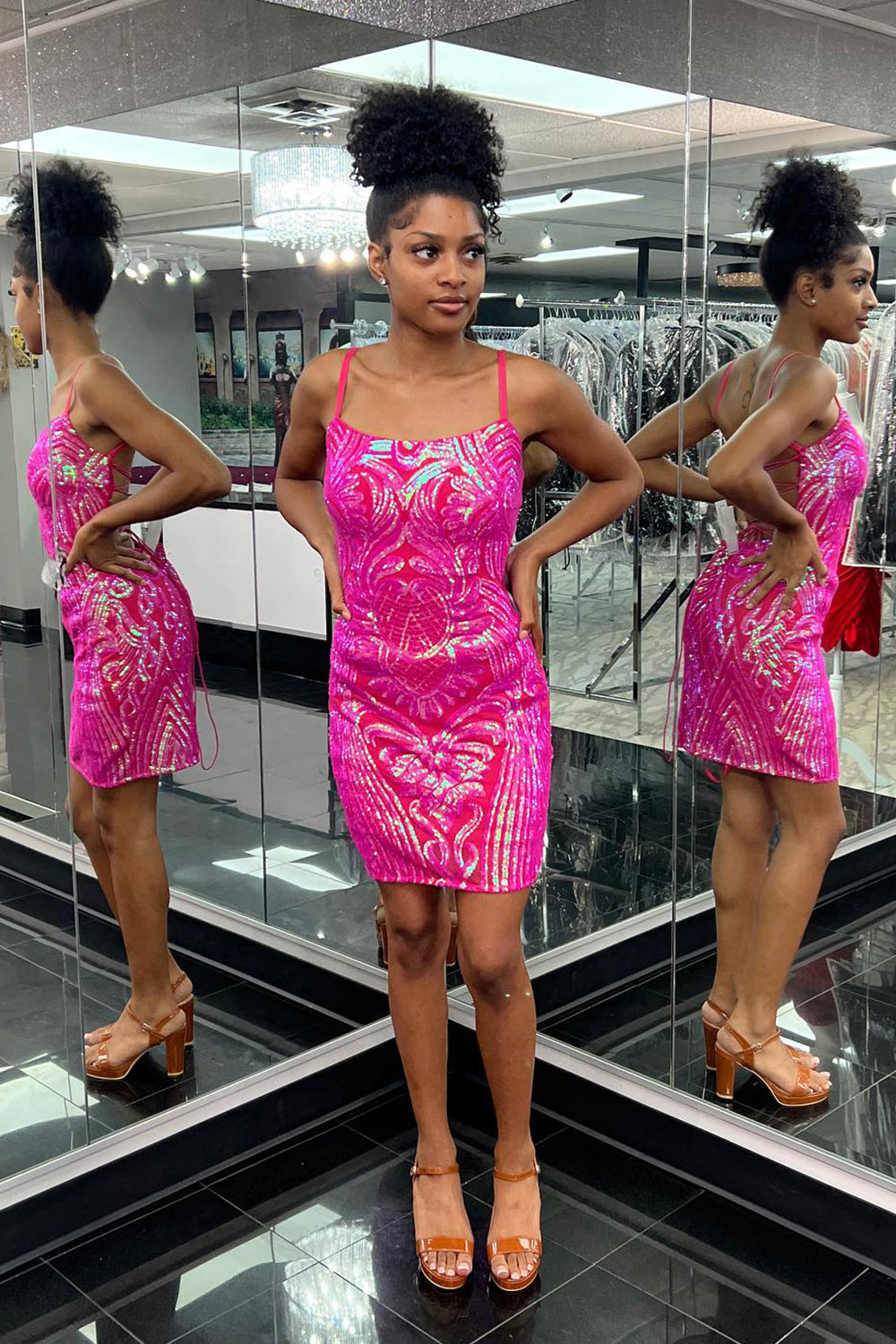 Misshow Sparkly Fuchsia Sequins Spaghetti Straps Tight Short Homecoming Dress/Mini Dress