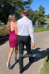 Misshow Sparkly Fuchsia Sequins Strapless Sleeveless Tight Homecoming Dress/Mini Dress